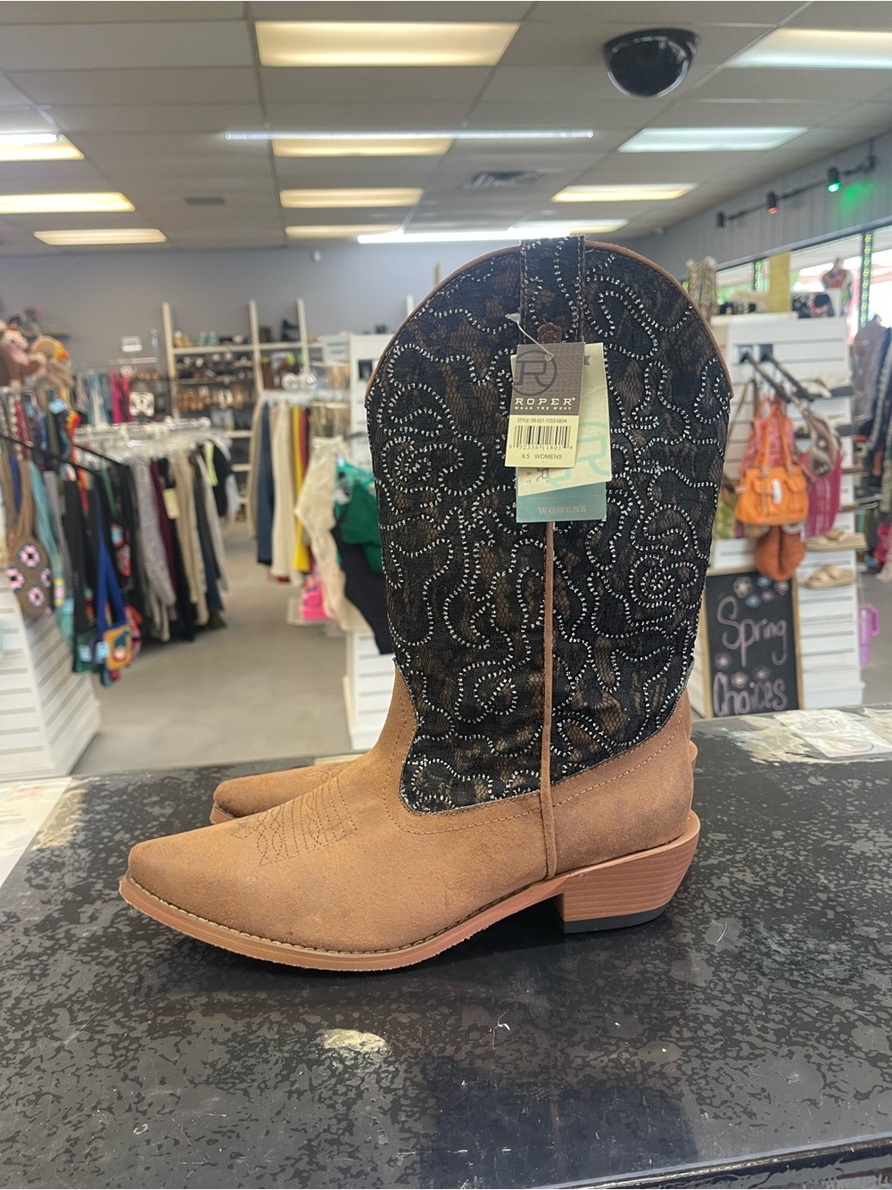 Roper Women's Tan Foot with Black Embroidered Shaft Lace-Up Boots